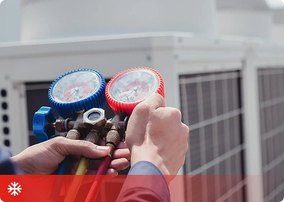 Cooling service call-to-action tile: a technician's hands holding refrigerant manifold gauges at an outdoor condenser unit