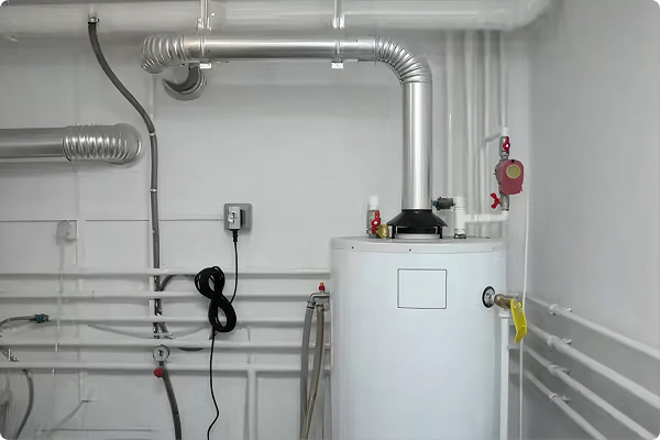 Newly installed furnace and water heater with connected ductwork and piping in a clean utility room