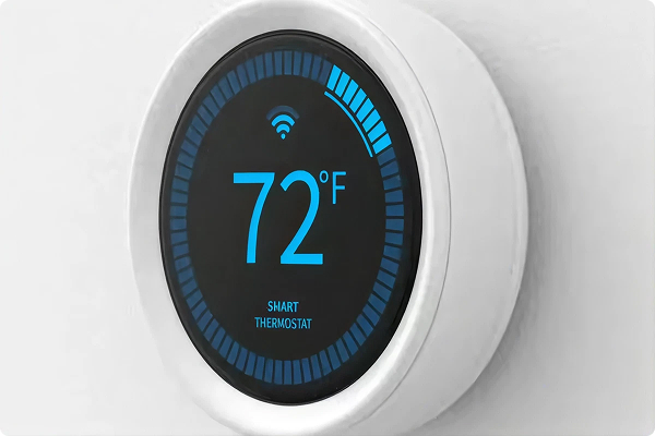 Round smart thermostat mounted on a wall displaying a temperature of 72 degrees Fahrenheit