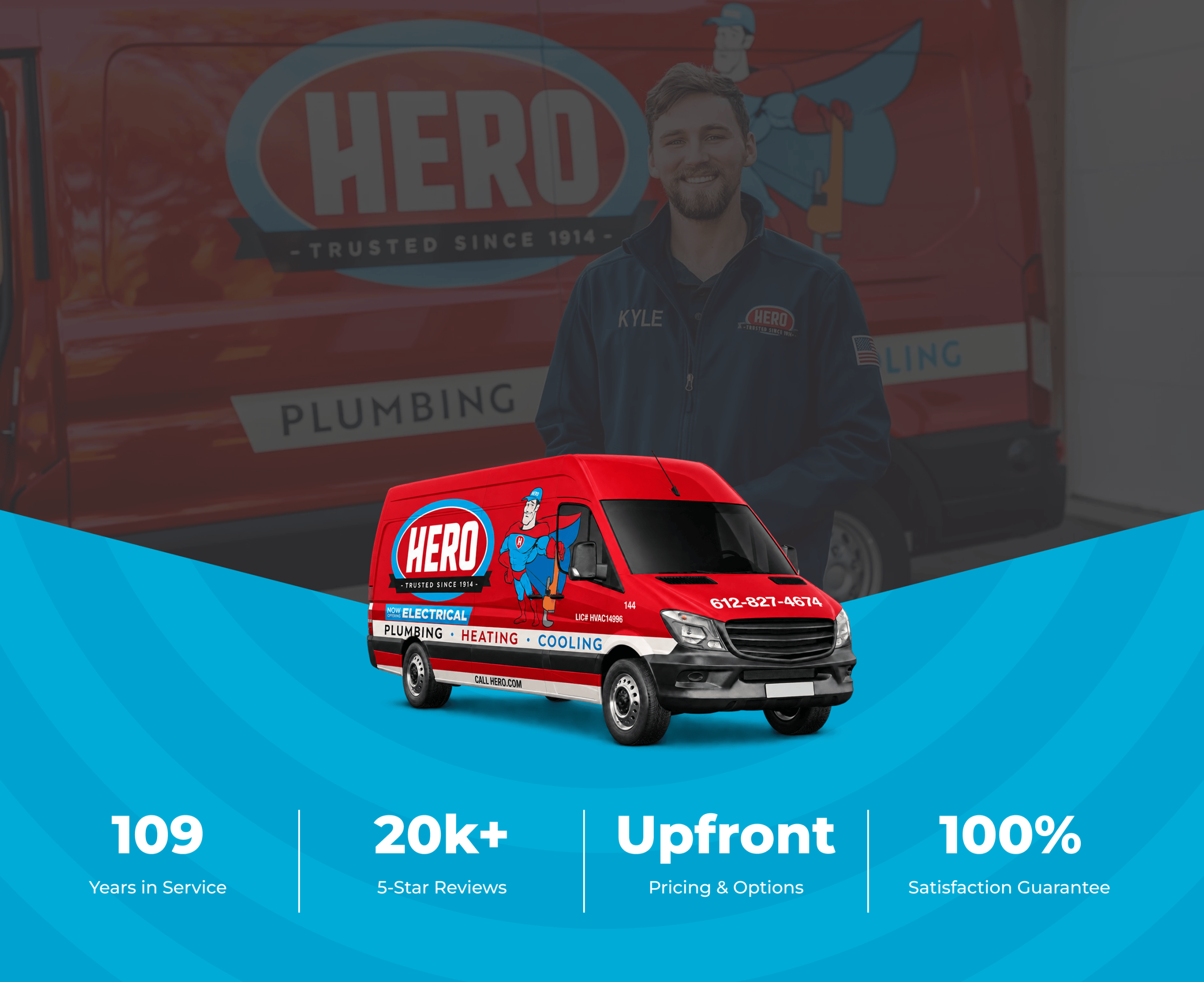 Hero Home Services desktop hero banner: a red Hero service van and technician above the stats 109 years in service, 20k+ 5-star reviews, upfront pricing and options, and 100% satisfaction guarantee