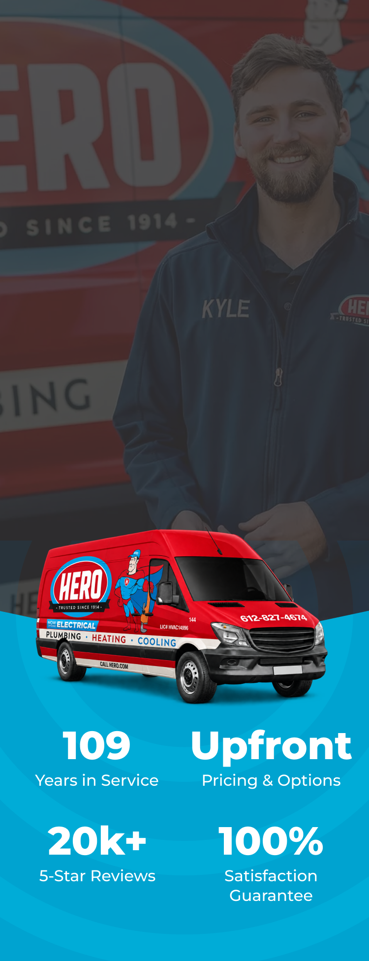 Hero Home Services mobile hero banner: a red Hero service van above the stats 109 years in service, upfront pricing and options, 20k+ 5-star reviews, and 100% satisfaction guarantee