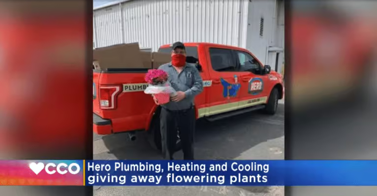 WCCO news segment on Hero Plumbing, Heating and Cooling giving away flowering plants, showing a worker carrying plants beside a red Hero van