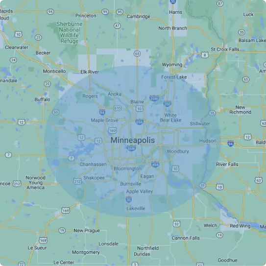 Map of the Minneapolis and Saint Paul area with the company's service radius shaded in blue